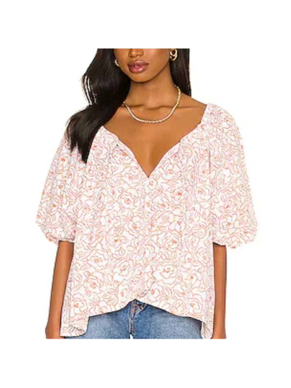 Faithfull the Brand Pink and White Puff Sleeve Blouse Floral Print Size XS